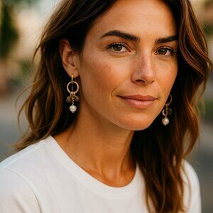 J. Jill Small Beaded Hoop Dangle Earrings Pearl Drop Gold Tone Beach Boho Dainty